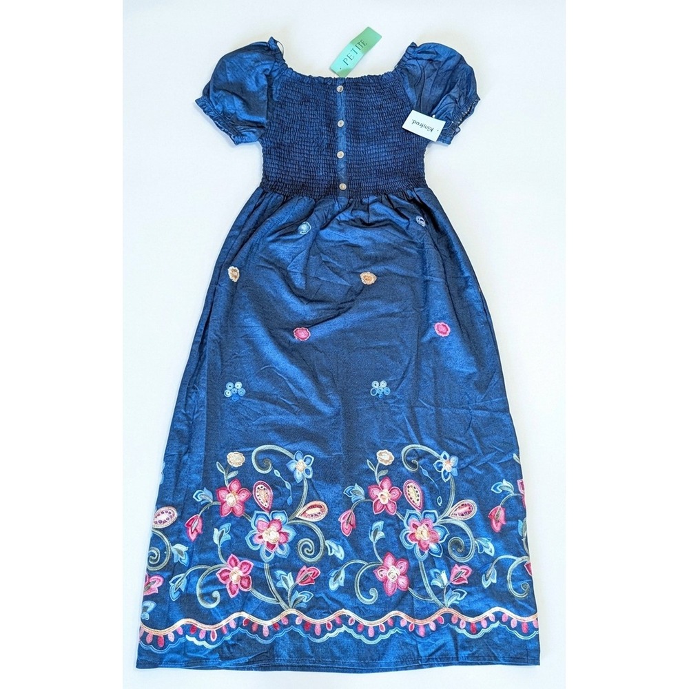 Anthropologie Kindred Smocked Maxi Dress, Embroidered, Navy Blue, Petite Large